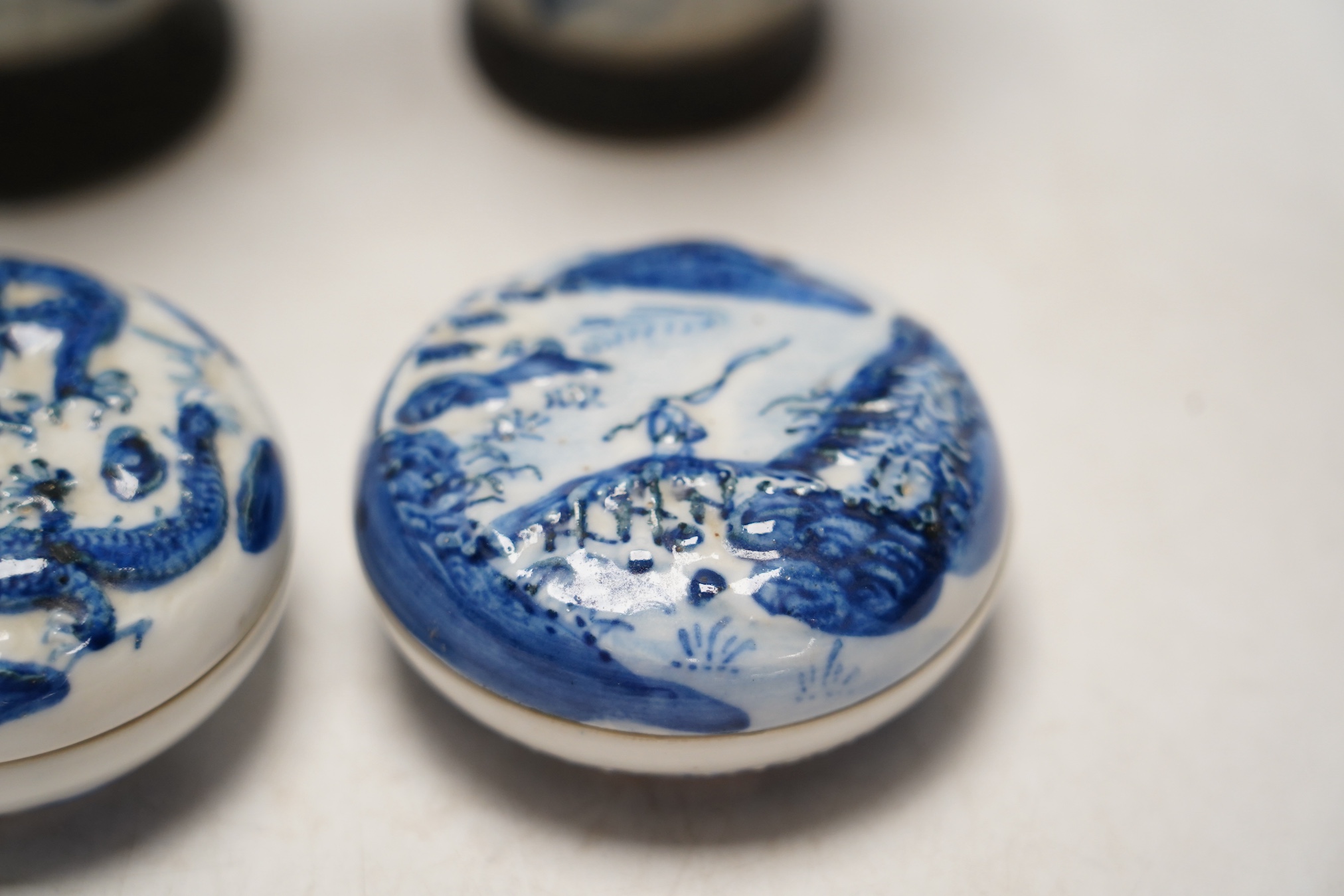Chinese blue and white ceramics comprising crackle glaze vases and circular seal pots (4). Condition - fair to good, a few minor chips